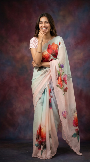Woman wearing a floral saree with a colorful background
