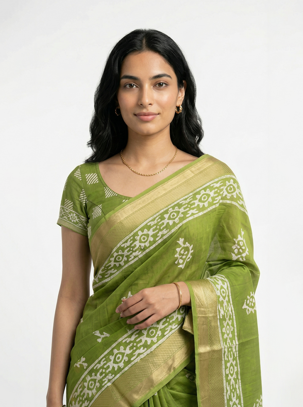 Chanderi Cotton Green Block Printed Saree