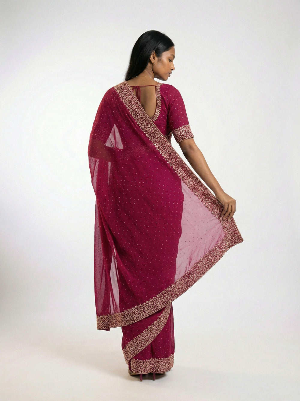 Vichitra Silk Rani Pink Embroidered Saree with Intricate Floral Border Work