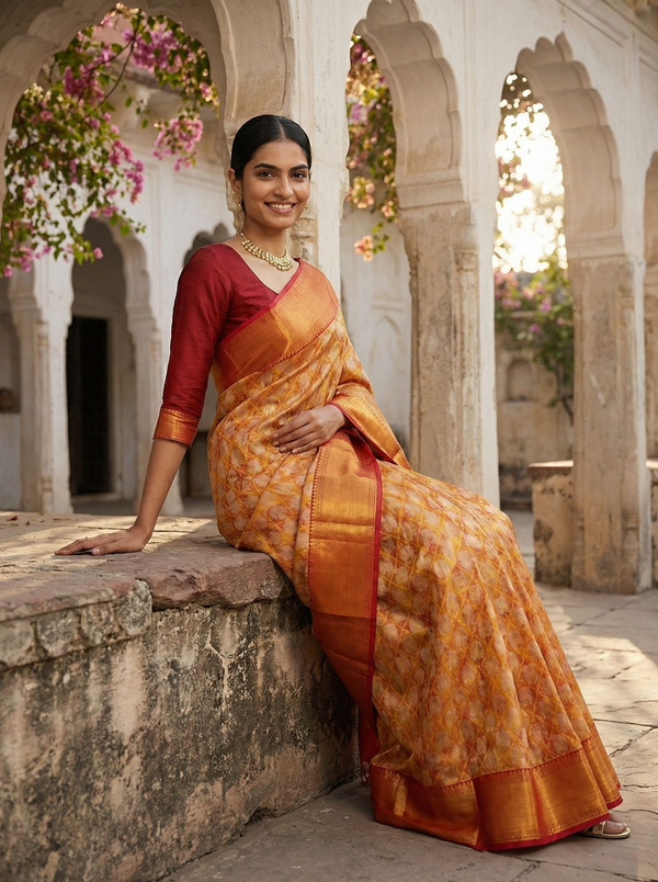 Kanjivaram Mustard Yellow and Maroon Broacade Saree with Geometric Diamond Jaal and Zari Border
