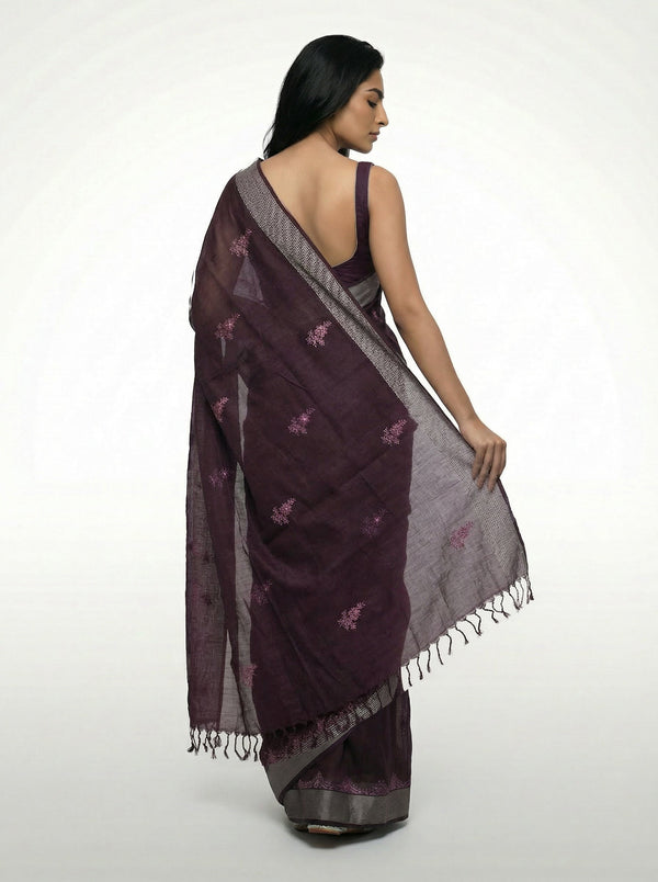 Chanderi Cotton Wine  Saree with Zari Border and Floral Butti Work