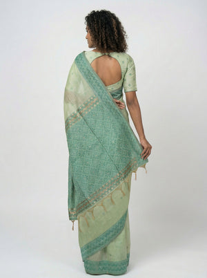 Chanderi Premium Sage Green  Saree with Detailed Butta Blouse