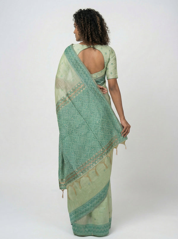 Chanderi Premium Sage Green  Saree with Detailed Butta Blouse