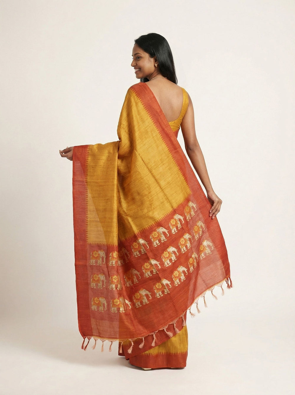 Semi Jute Mustard Elephant Motif Saree