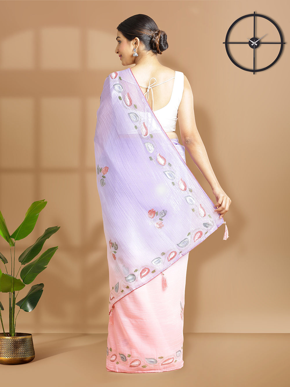 Pink And Lavender Double Shade Floral Painted With Metalic Glue Designed Georgette Saree
