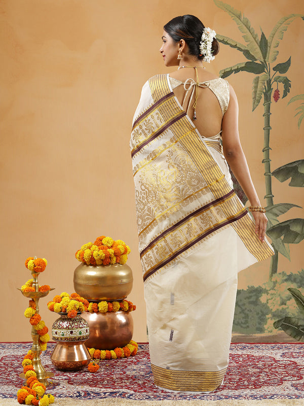 Off White Color Cotton Set Saree With Golden And Coffee Brown Thread Worked Buttas