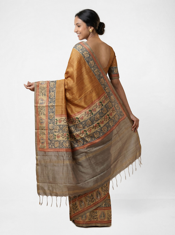 Chanderi Cotton Saree Mustard Yellow & Grey Floral Printed Pattern Saree