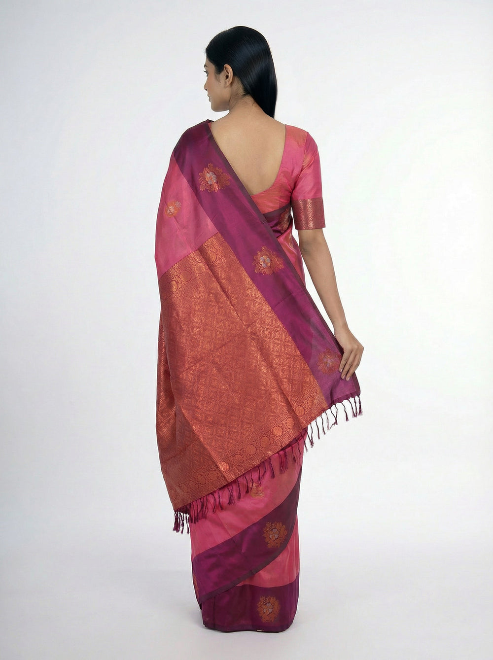 Semi Silk Women’s Pinkish Peach Saree with Butta Work & Wine Border