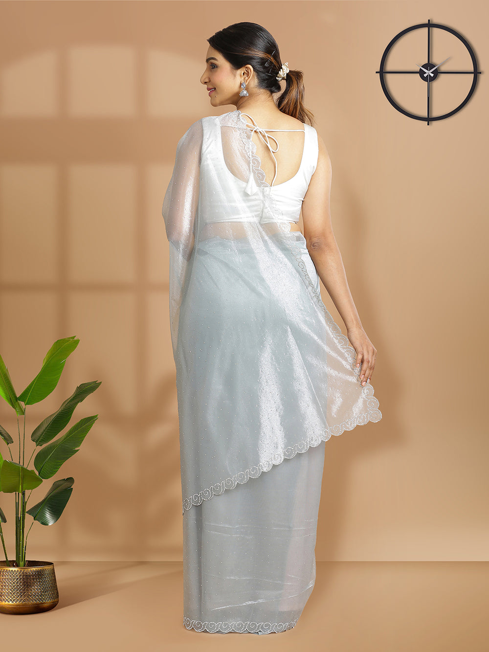Blue Ash Color Tissue Net Saree With Mini Stones Over Body