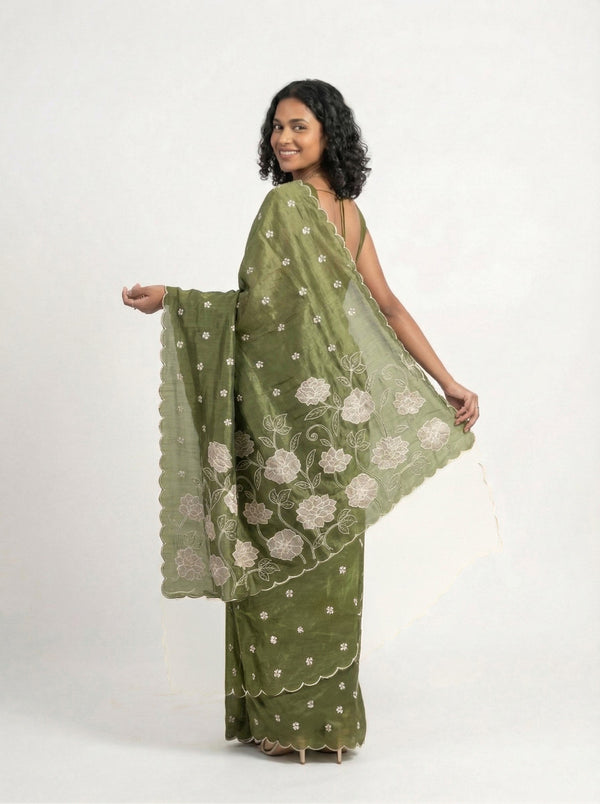 Organza Olive Green Floral Butti Designer Saree with Scalloped Embroidered Border