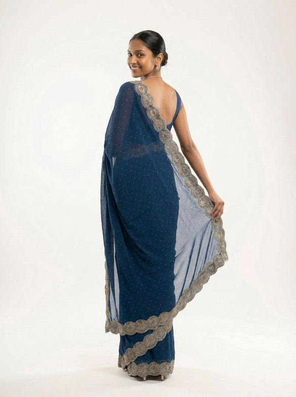 Shimmer Organza Royal Blue Plain Designer Saree with Micro Dot Work and Heavy Embroidered Border