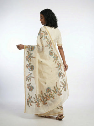 Cotton Cream Saree with Multicolor Floral Vine Print