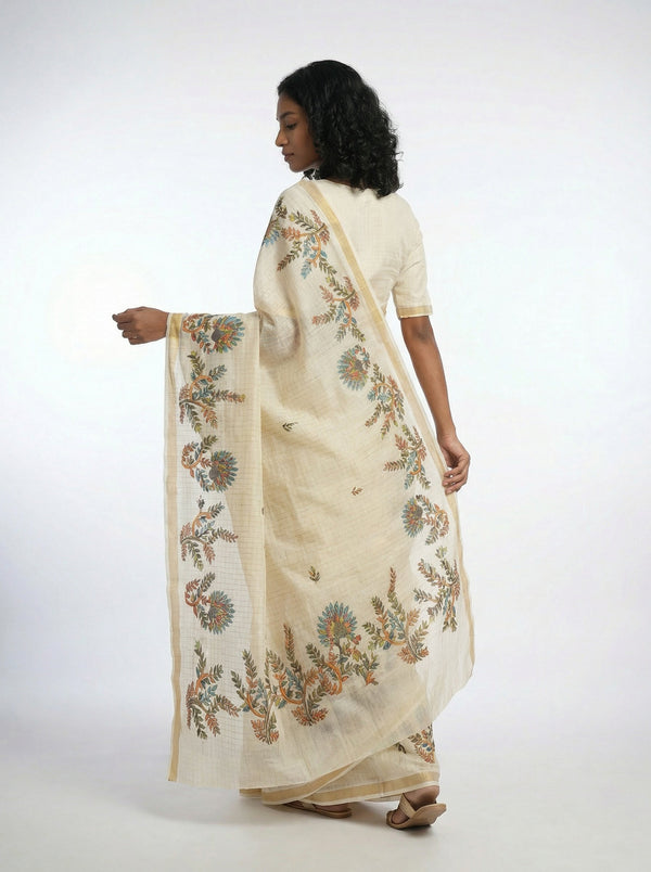 Cotton Cream Saree with Multicolor Floral Vine Print