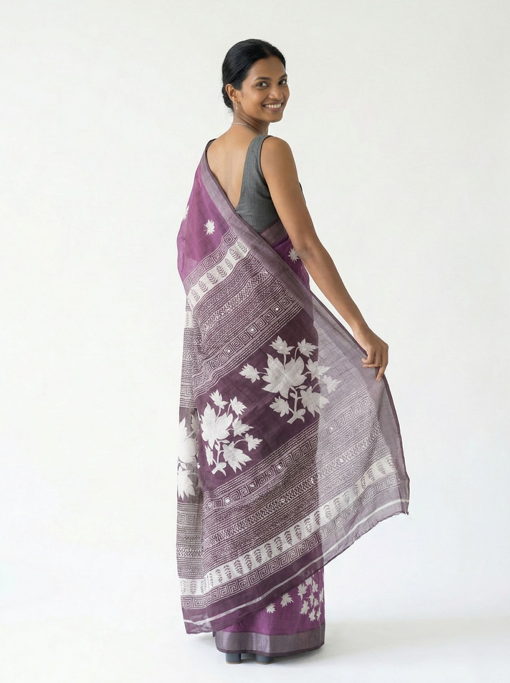 Chanderi Cotton Purple Floral Printed Pattern Saree
