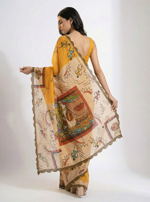 Cotton Mustard Yellow Saree with Artistic Tribal Print