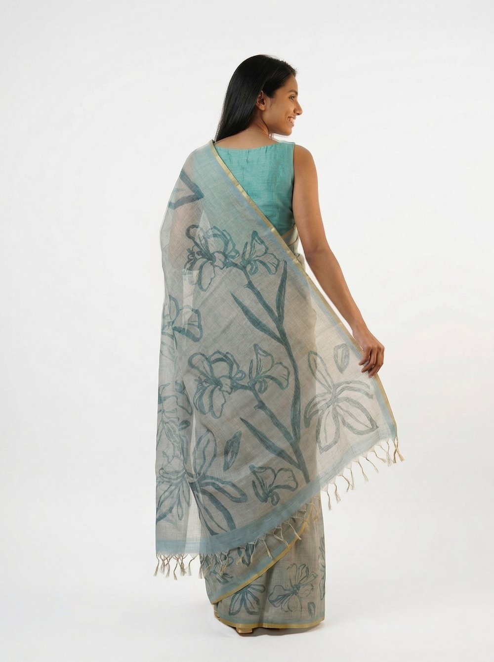 Chanderi Cotton Mist Grey Floral Saree