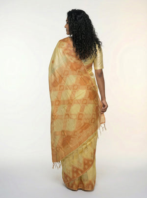 Semi Silk Elegant California Peach Saree with Contemporary Ikat Pattern