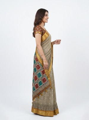 Chanderi Cotton Beige Striped Saree with Zari Border