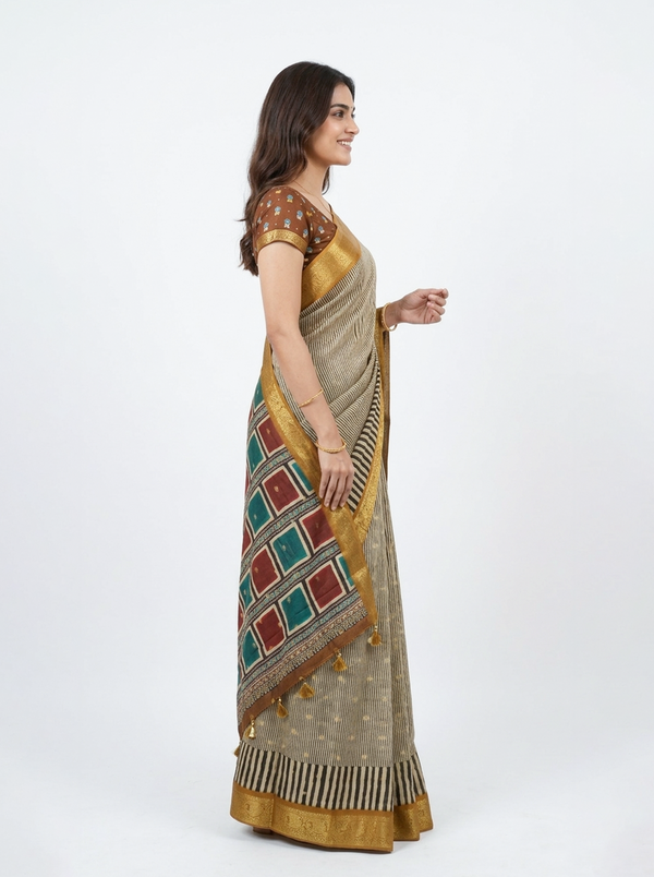 Chanderi Cotton Beige Striped Saree with Zari Border