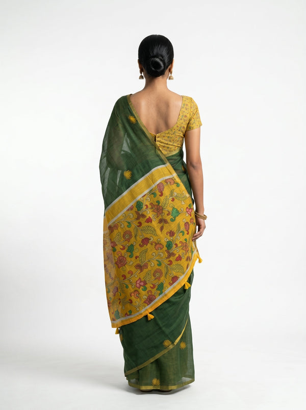 Semi Linen Forest Green Floral Design Saree