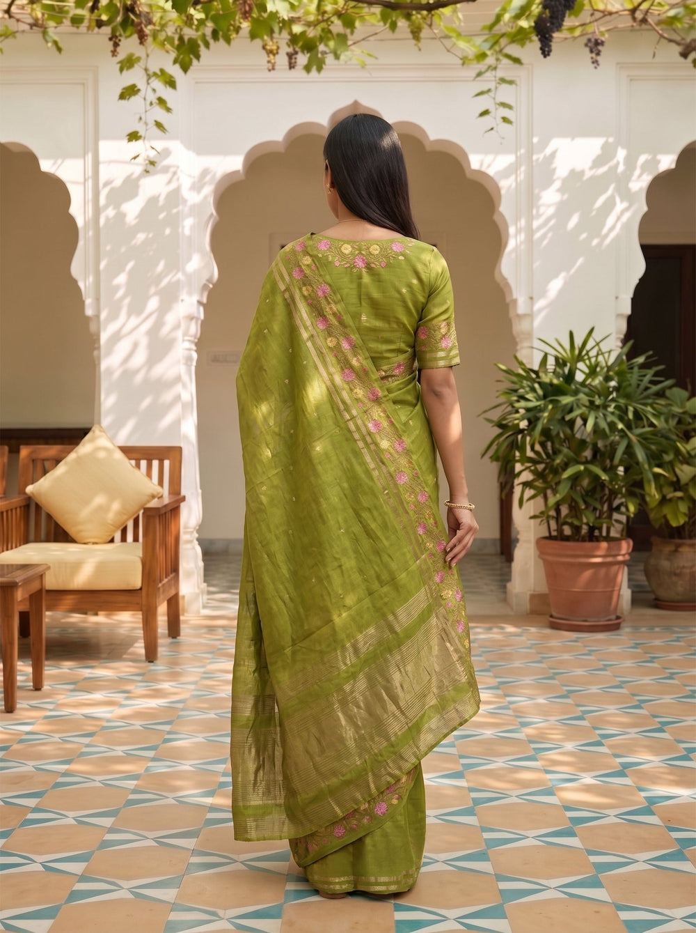 Semi Tussar Olive Green Floral Embroidery Border Saree