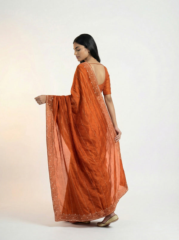 Vijithra Silk Rust Orange Stone Work Pattern Designer Saree