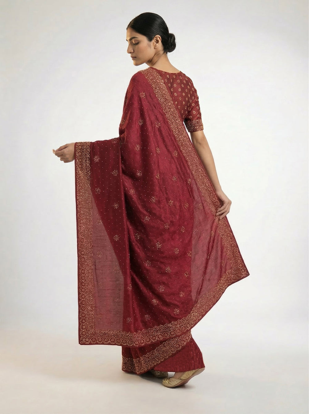 Vichitra Silk Maroon Red Stone Work  Border Designer Saree