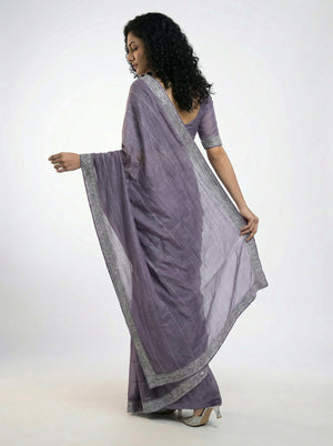 Vijithra Silk Dusty Lavender Stripe Pattern Stone Work Designer Saree