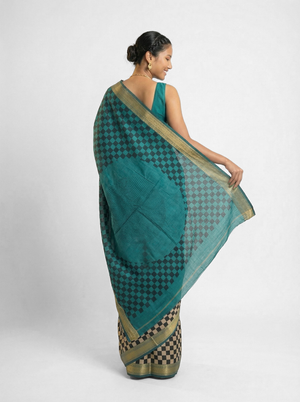 Chanderi Cotton Teal Checkered Saree