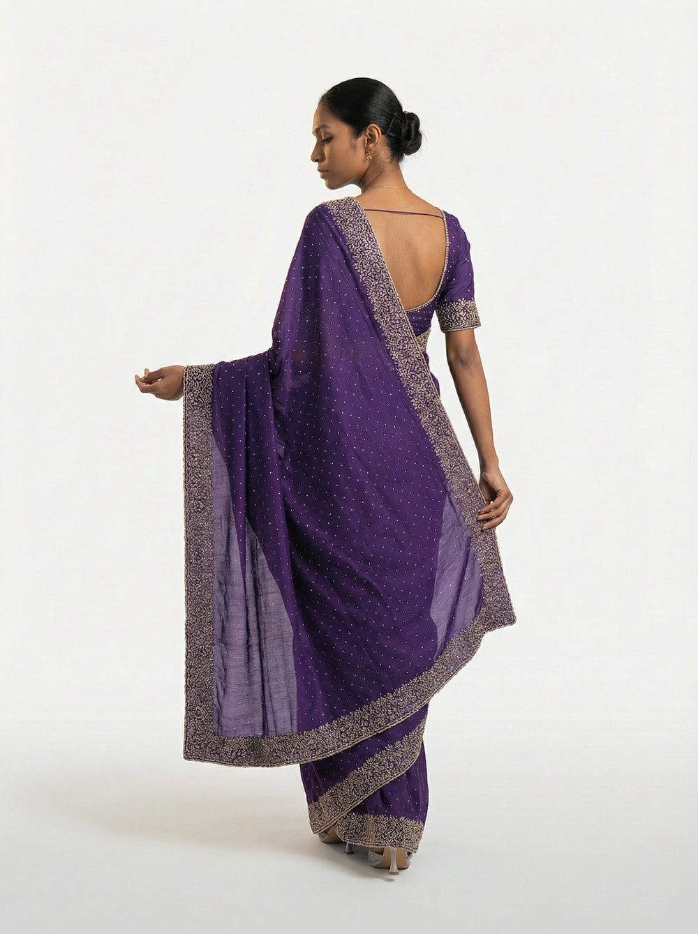 Vichitra Silk Violet Embroidered Saree with Intricate Floral Border