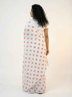 Chiffon White Saree for Women with Red Diamond Block Print