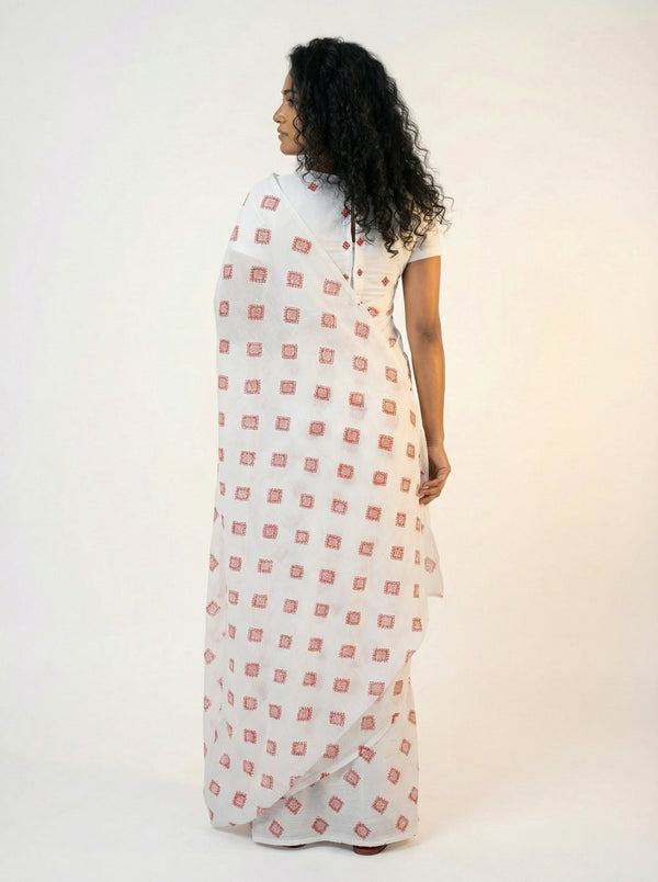 Chiffon White Saree for Women with Red Diamond Block Print