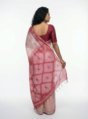 Semi Chanderi Light Salmon  Saree with Zig Zag Border & Grapefruit Pink Blouse
