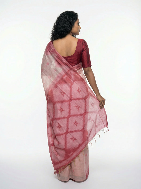 Semi Chanderi Light Salmon  Saree with Zig Zag Border & Grapefruit Pink Blouse
