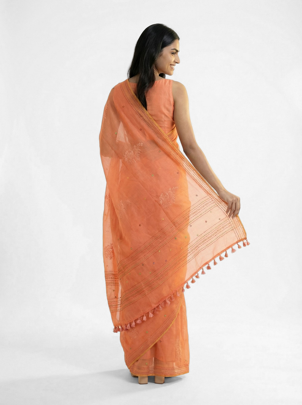 Chanderi Cotton Peach Embroidered Floral Pattern Saree
