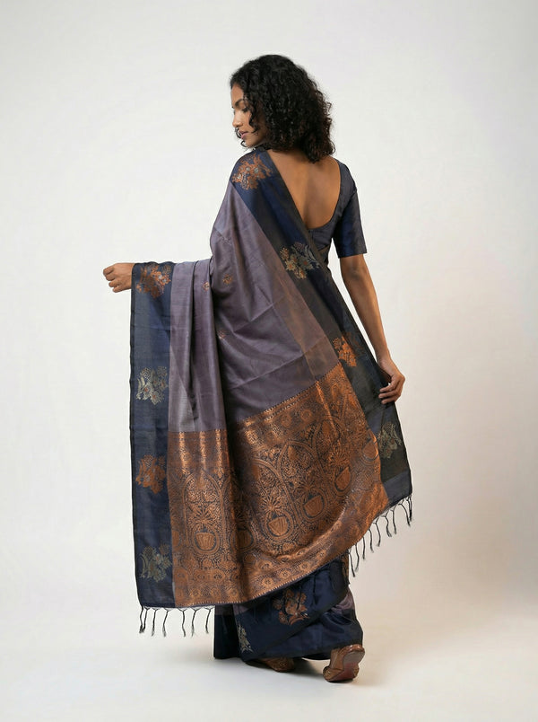 Art Silk Blue Saree with Classic Floral Butta Prints and Designer Pallu