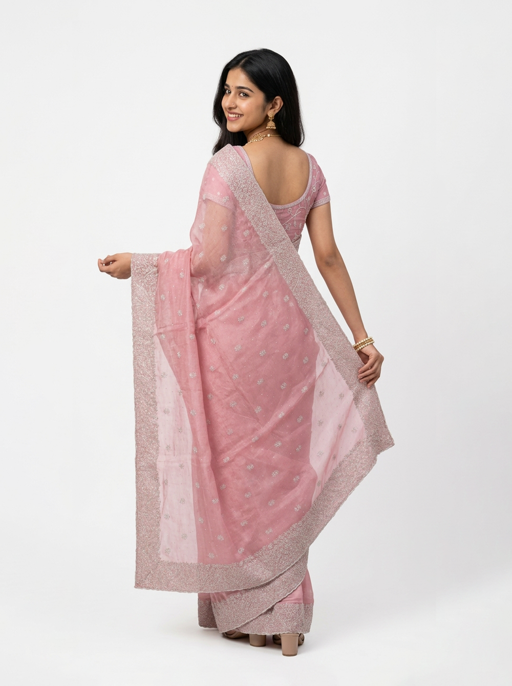 Vichitra Silk Baby Pink Zari With Stone Border Designer Saree