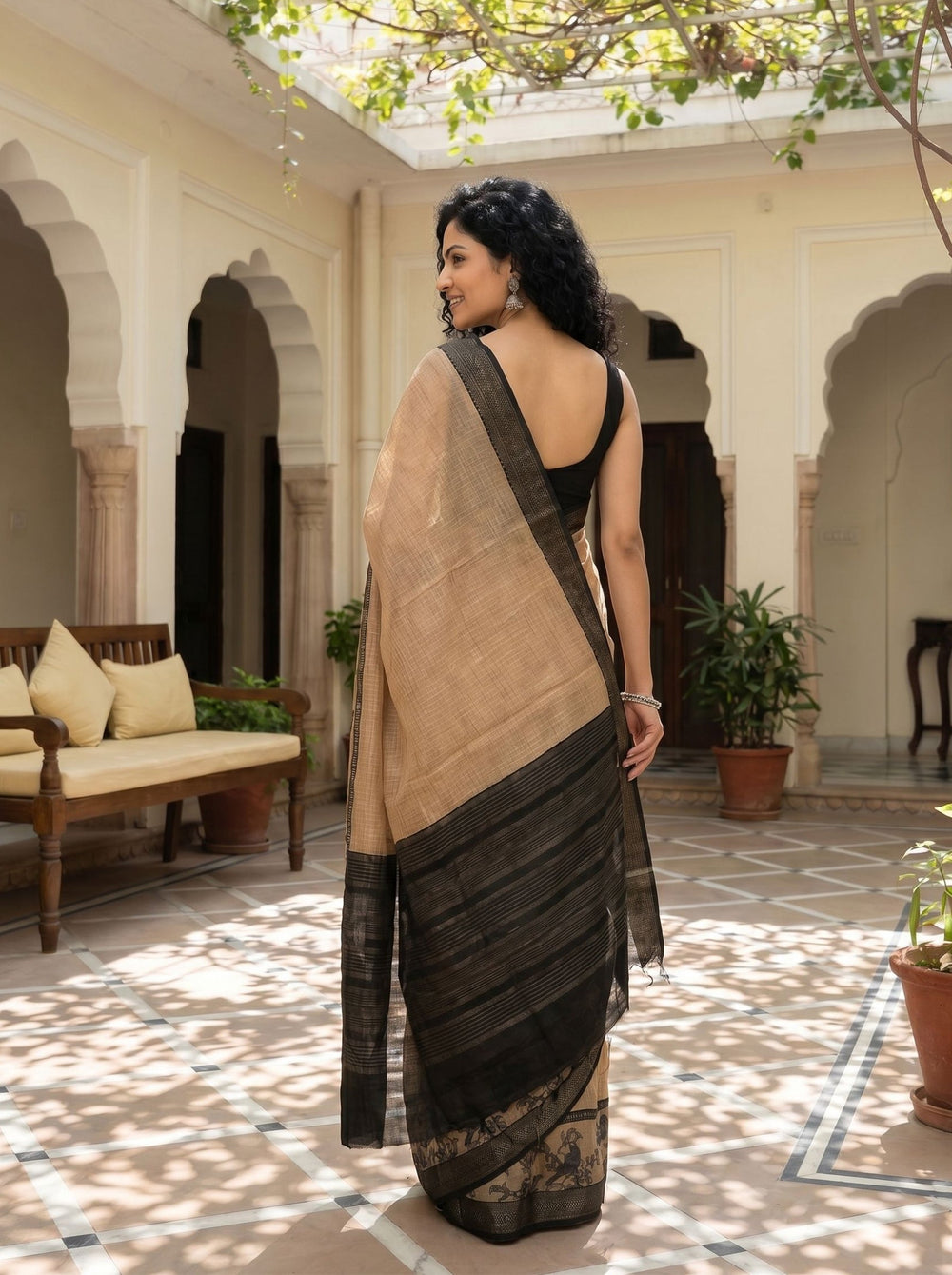 Tussar Natural Beige Printed Kalamkari Border Saree