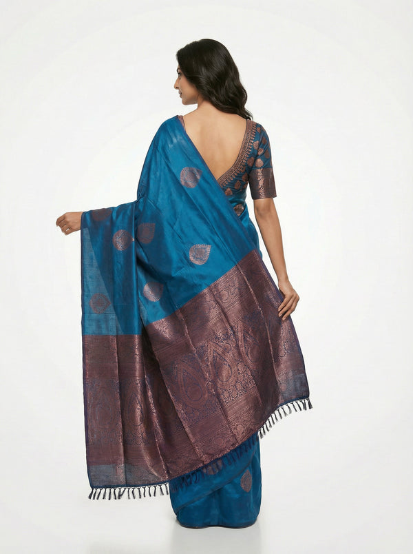 Semi Silk Elegant Kingfisher Blue Saree with Paisley Pattern Work