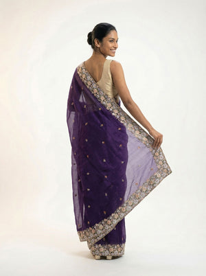 Organza Royal Purple Floral Embroidered Designer Saree