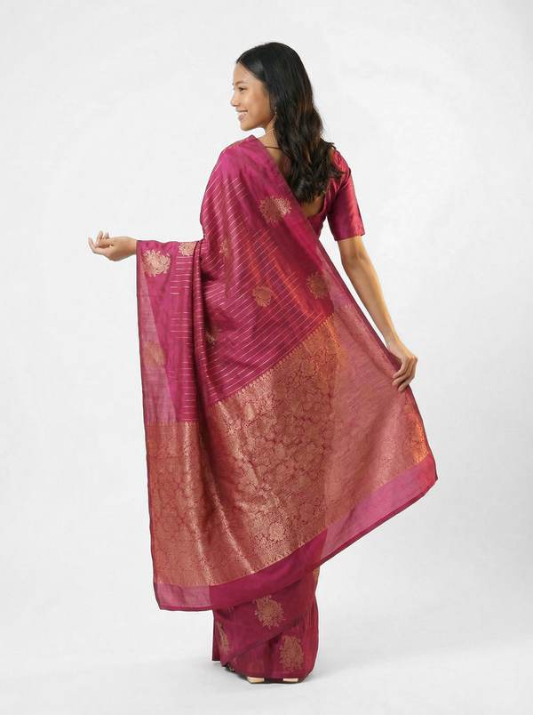 Semi Silk Magenta Pink & Gold Striped Zari Pattern Saree