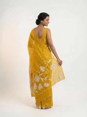 Organza Mustard Yellow Floral Butti Designer Saree with Scalloped  Border