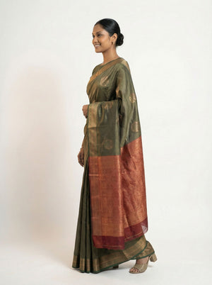 Art Silk Blend Olive Green Saree with Contrast Maroon Zari Woven Border and Pallu