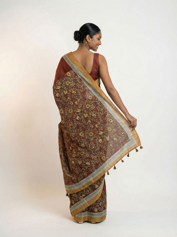 Chanderi Cotton  Maroon Floral Vine Printed Saree