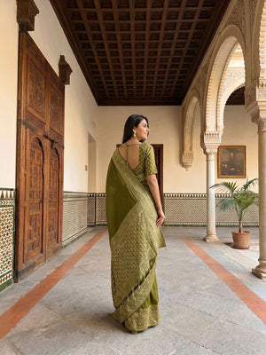 Kanjivaram Olive Green Plain Saree with Heavy Zari Embroidered Border and Rich Designer Pallu
