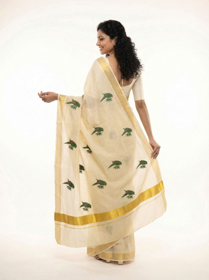 Cotton Cream Saree with Parrot Motif Print Pattern Onam Special Kerala Saree