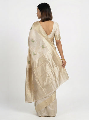 Semi Silk Off White Saree with Alternative Leaf Pattern