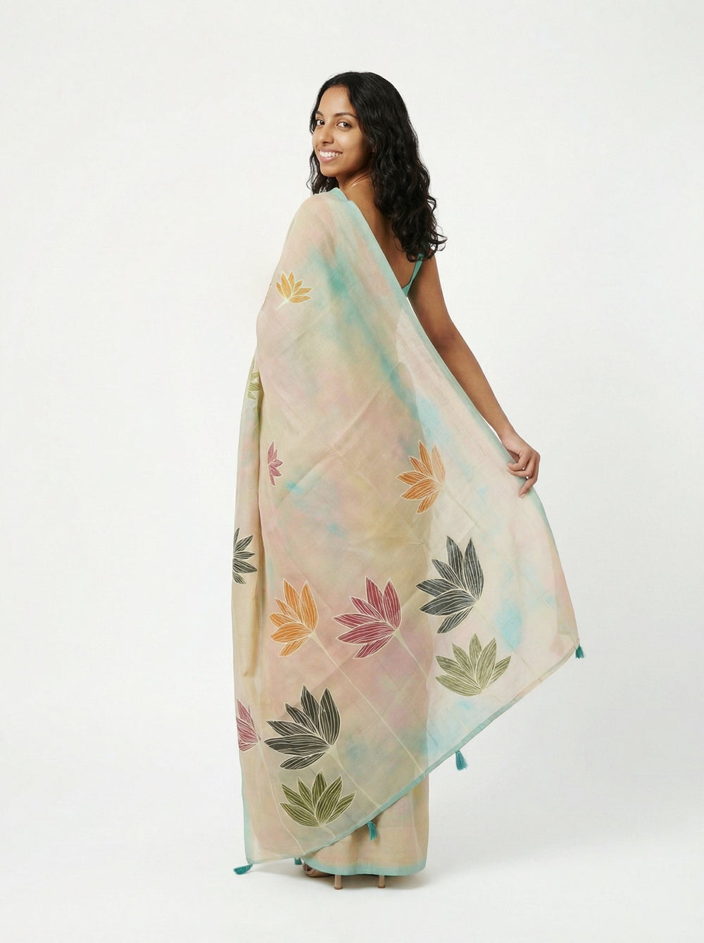 Chanderi Cotton Beige Lotus Printed Floral Saree