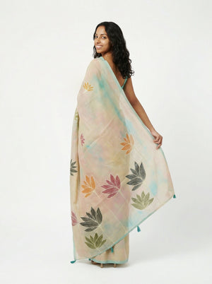Chanderi Cotton Beige Lotus Printed Floral Saree