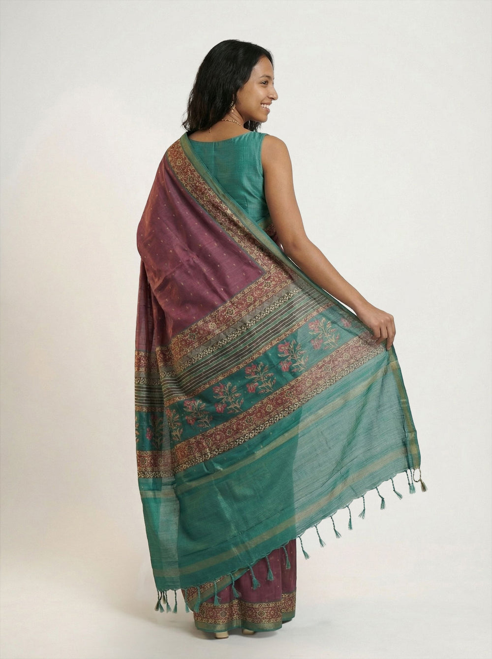 Chanderi Cotton Plum Purple & Teal Green Zari Butta Pattern Saree